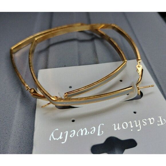 Hoop Earrings Gold Tone Fashion Jewelry Eggshell White Lightweight Career Square - Picture 7 of 15